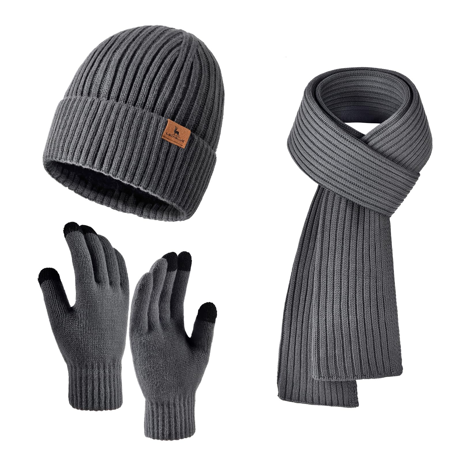Men Women Winter Beanie Hats Scarf with Touchscreen Gloves Warm Knit Themal Gloves Long Scarf Set with Fleece Lined